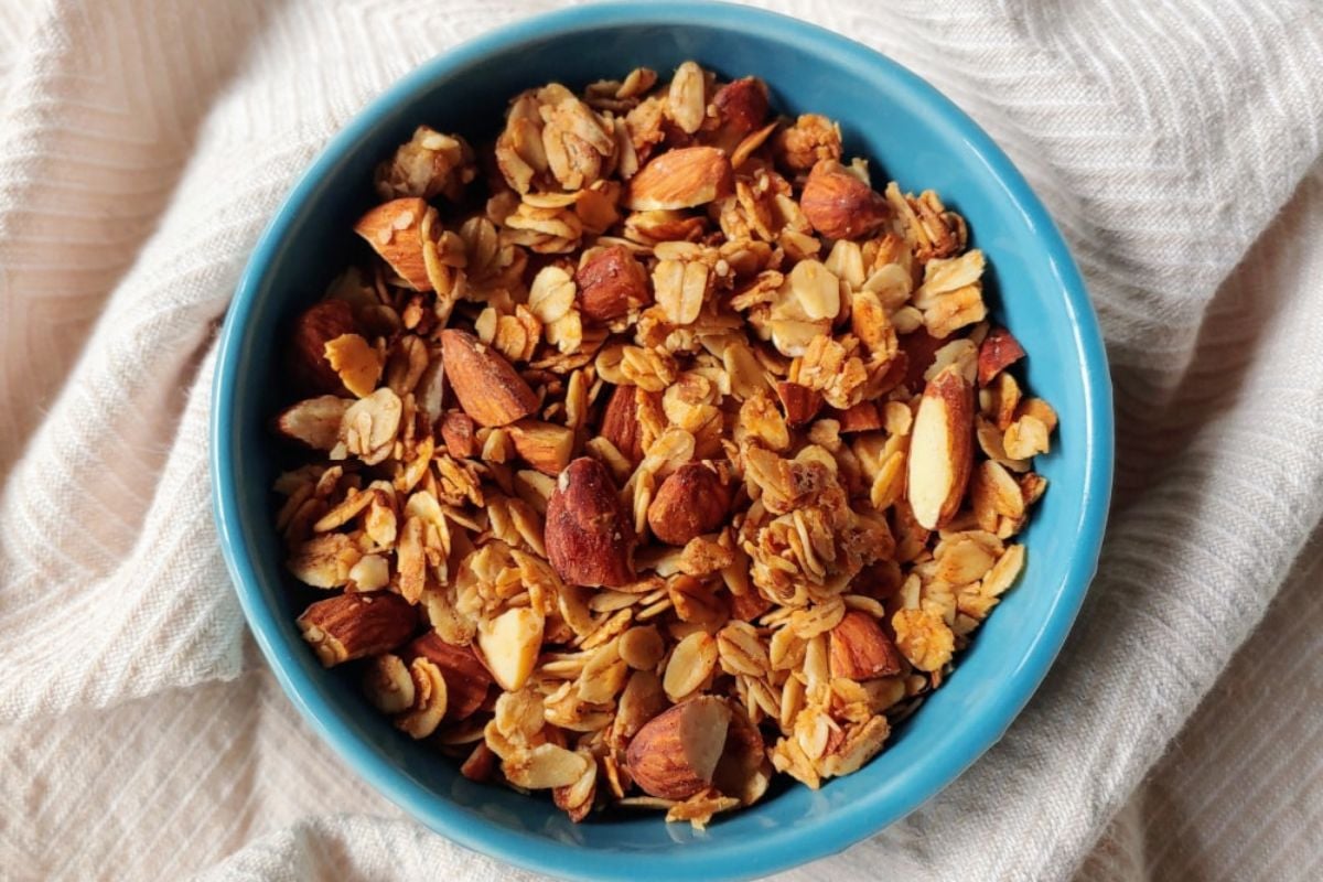 Cinnamon Almond Granola served in a bowl.