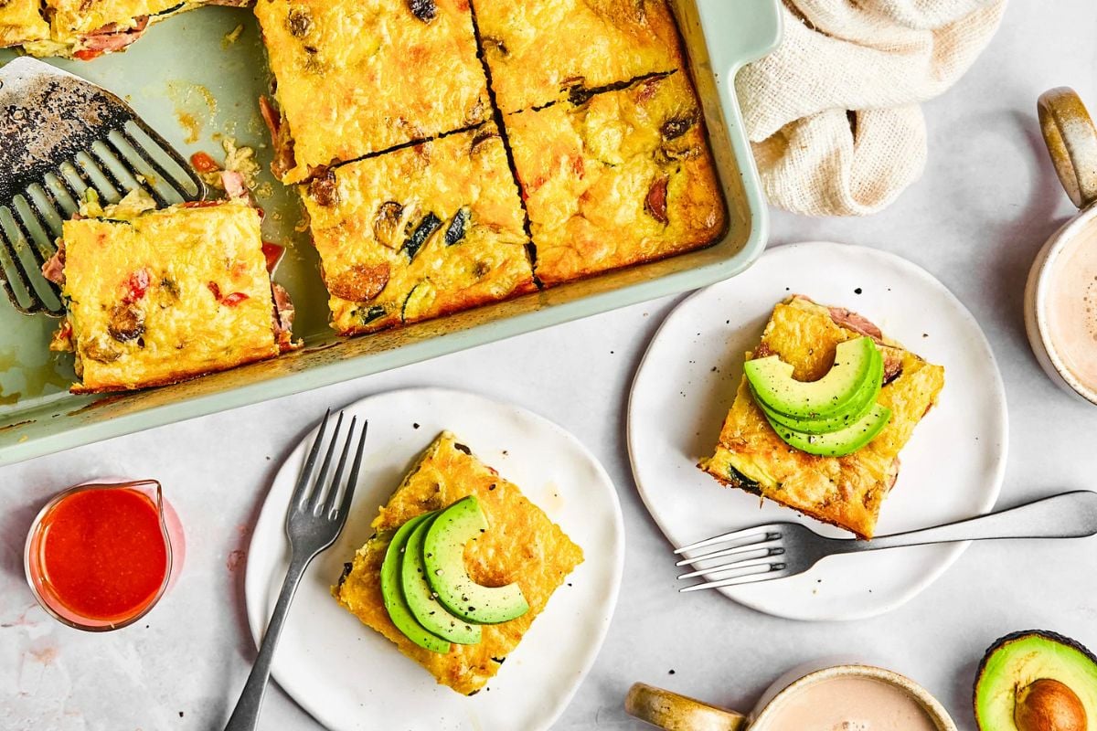 Cottage Cheese Egg Bake with Chicken Sausage overhead view.