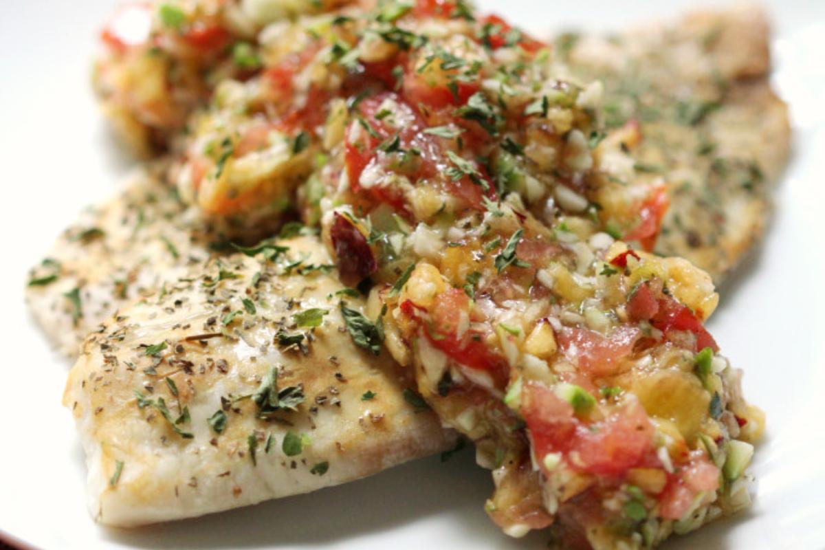 Dijon tilapia with peach zucchini salsa.