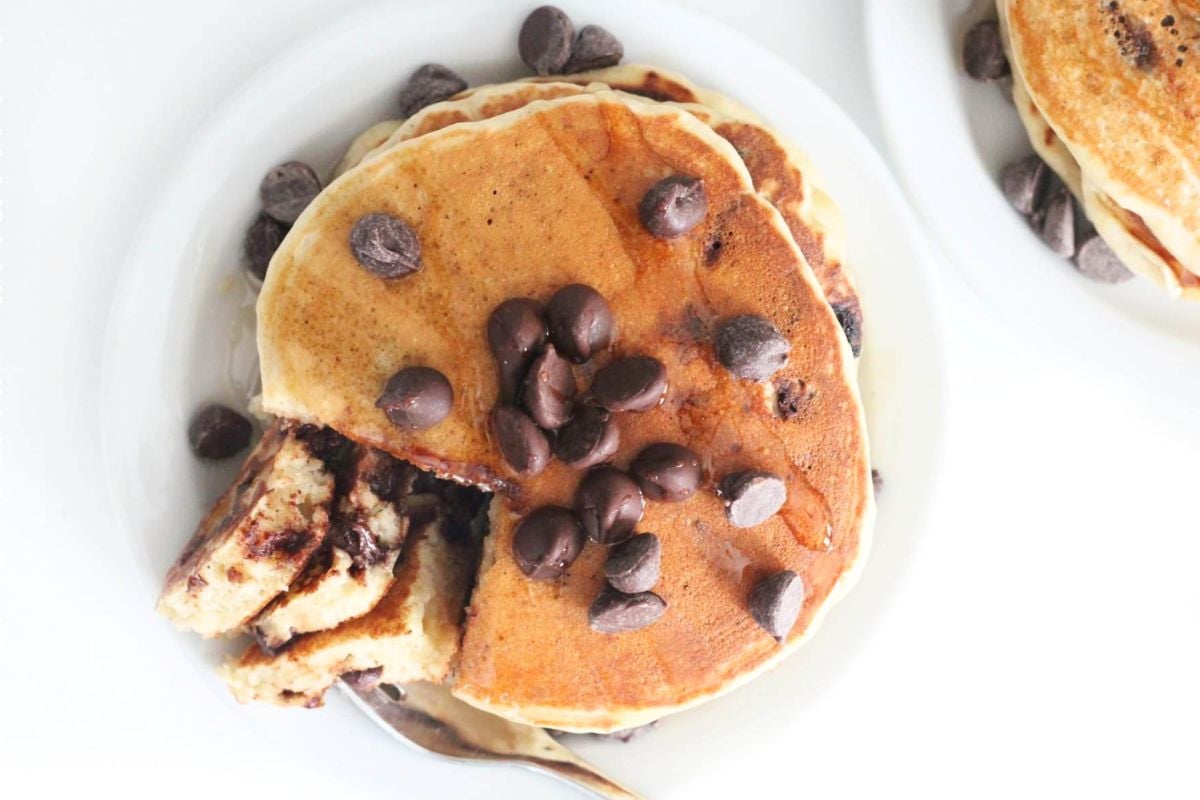 Chocolate Chip Pancakes overhead view.
