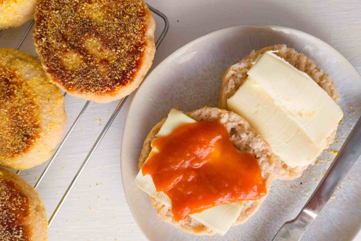Sourdough English Muffins overhead view.