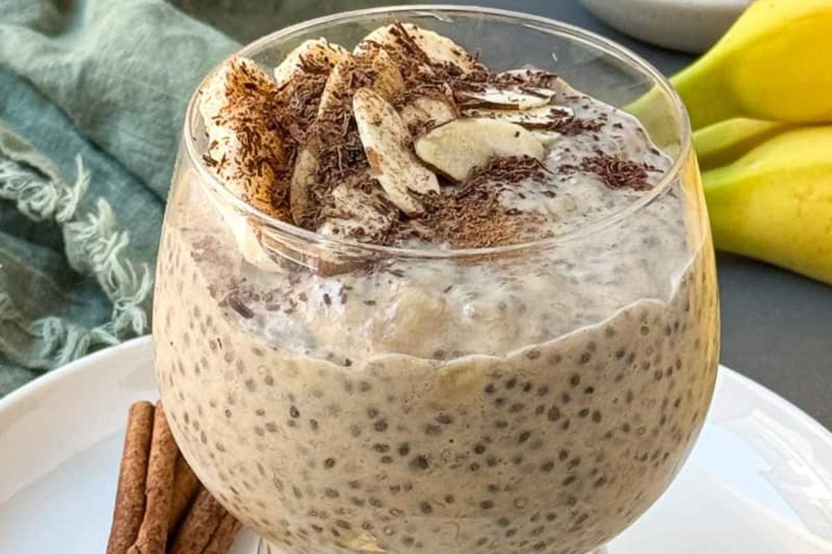 Banana chia seed pudding in a dish.