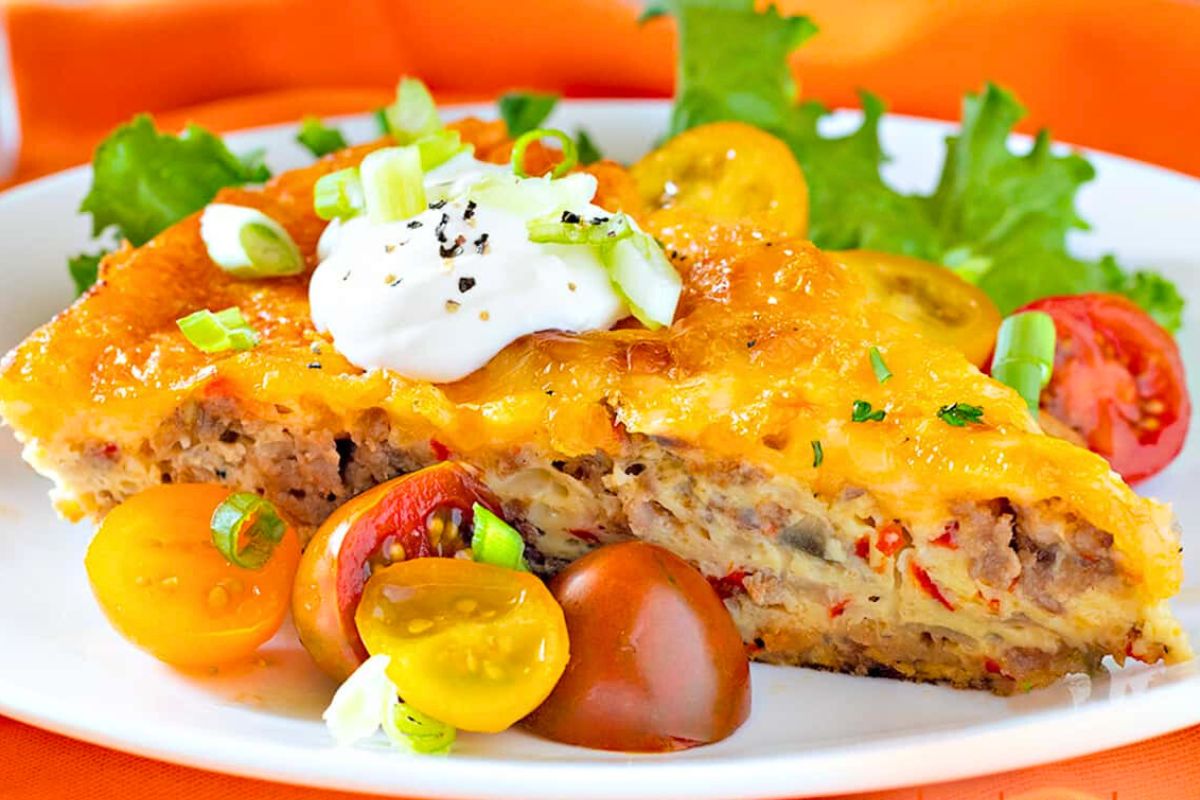 Italian Sausage Frittata Recipe with Fried Potato Layer close up look.