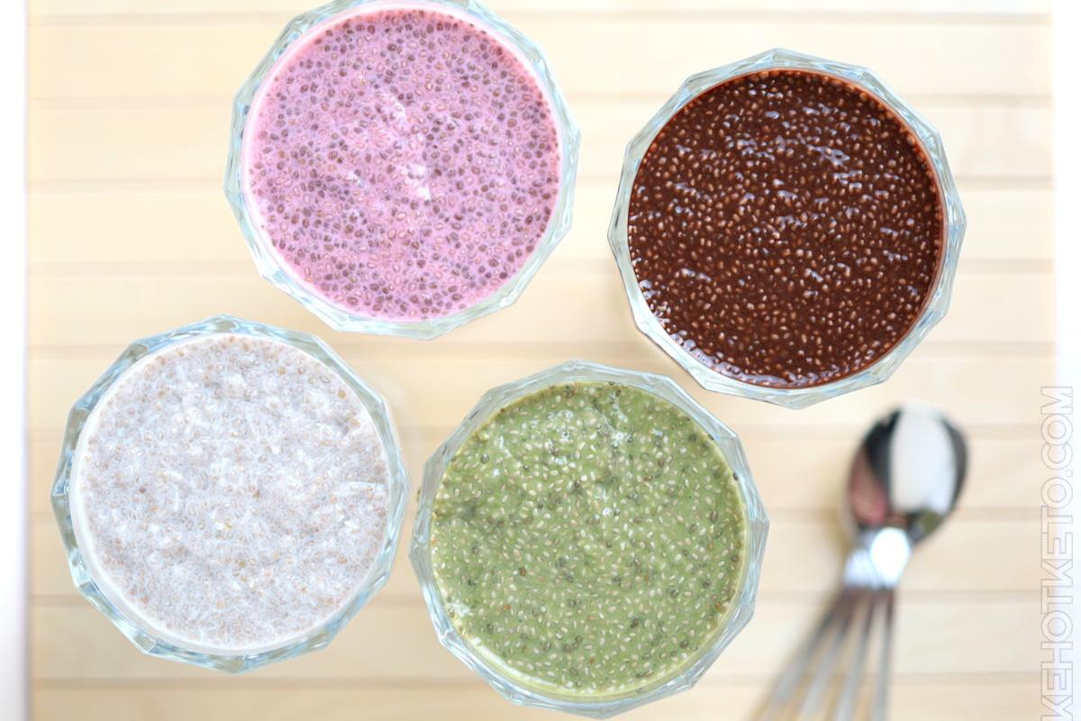 Four dishes of chia pudding.