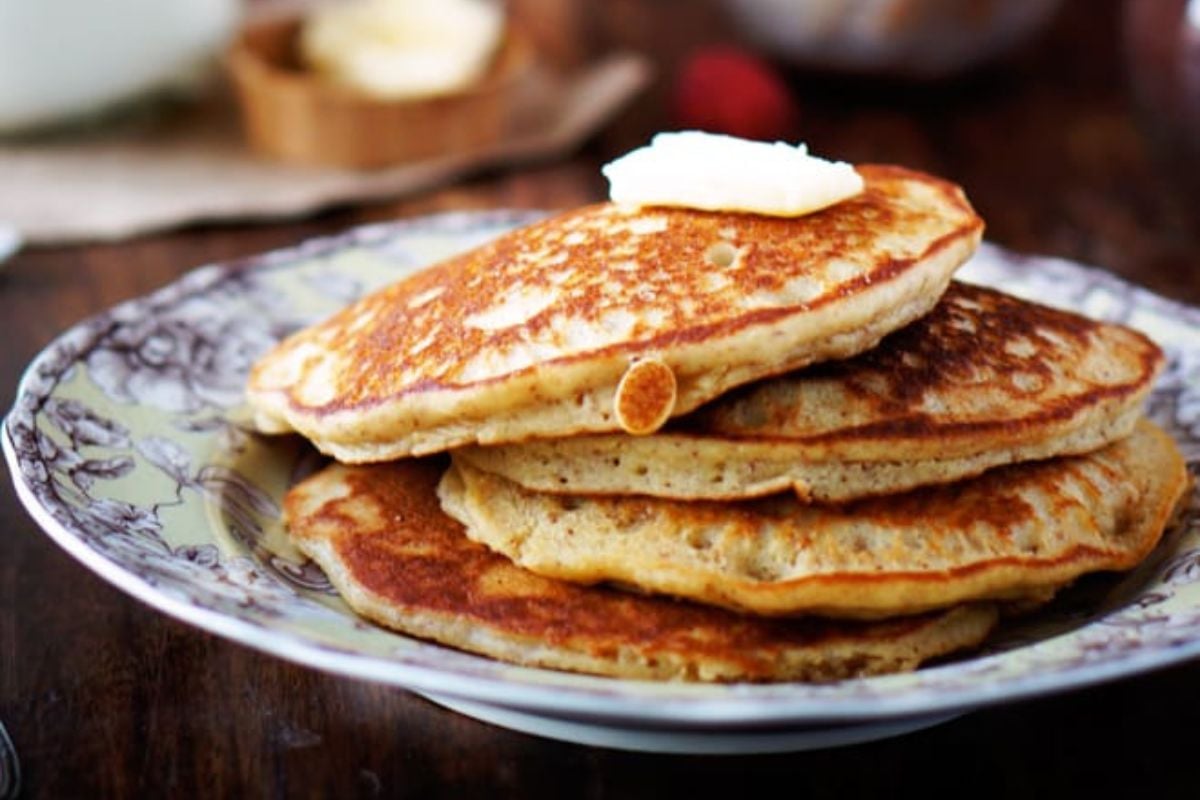 Maple Almond Pancakes served on a plate.