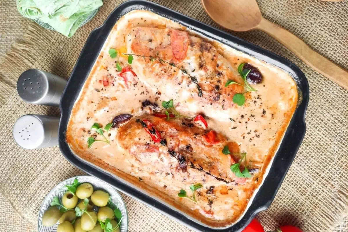 Marry Me Chicken in a baking dish.