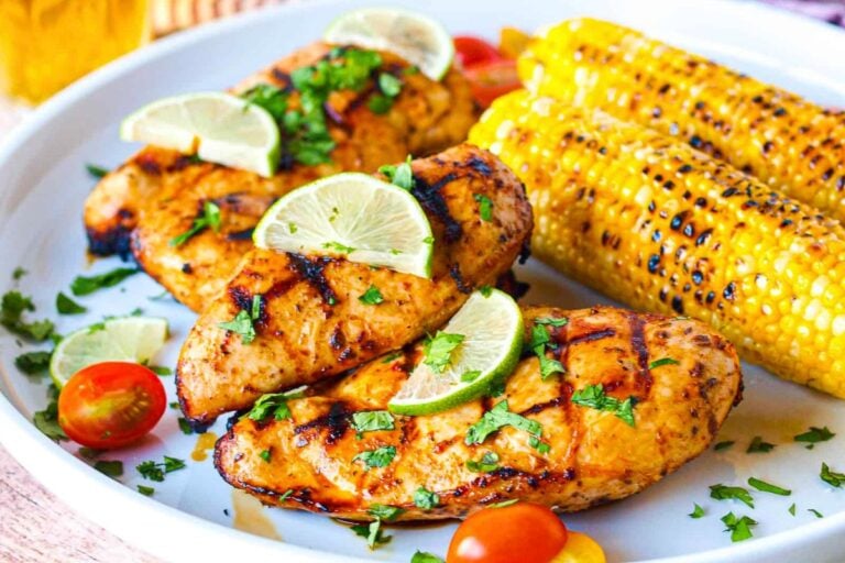 An up close view of a Mexican marinated chicken dinner.