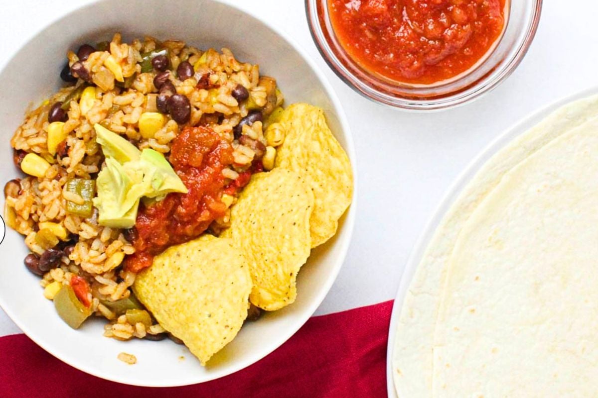 Skillet Mexican Vegetable Casserole With Rice served in a bowl.