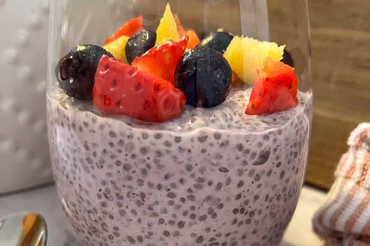 Chia seed pudding with berries on top.