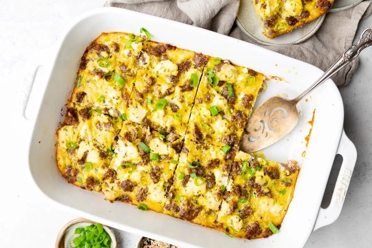 Sausage Breakfast Casserole with Hash Brown Crust in a baking dish.