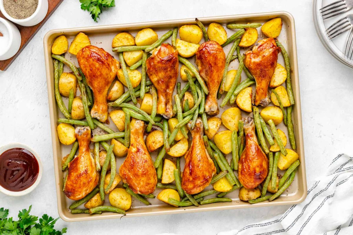 Sheet Pan BBQ Chicken overhead view.