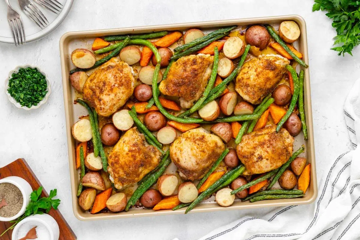 Sheet Pan Chicken Thighs and Vegetables overhead view.