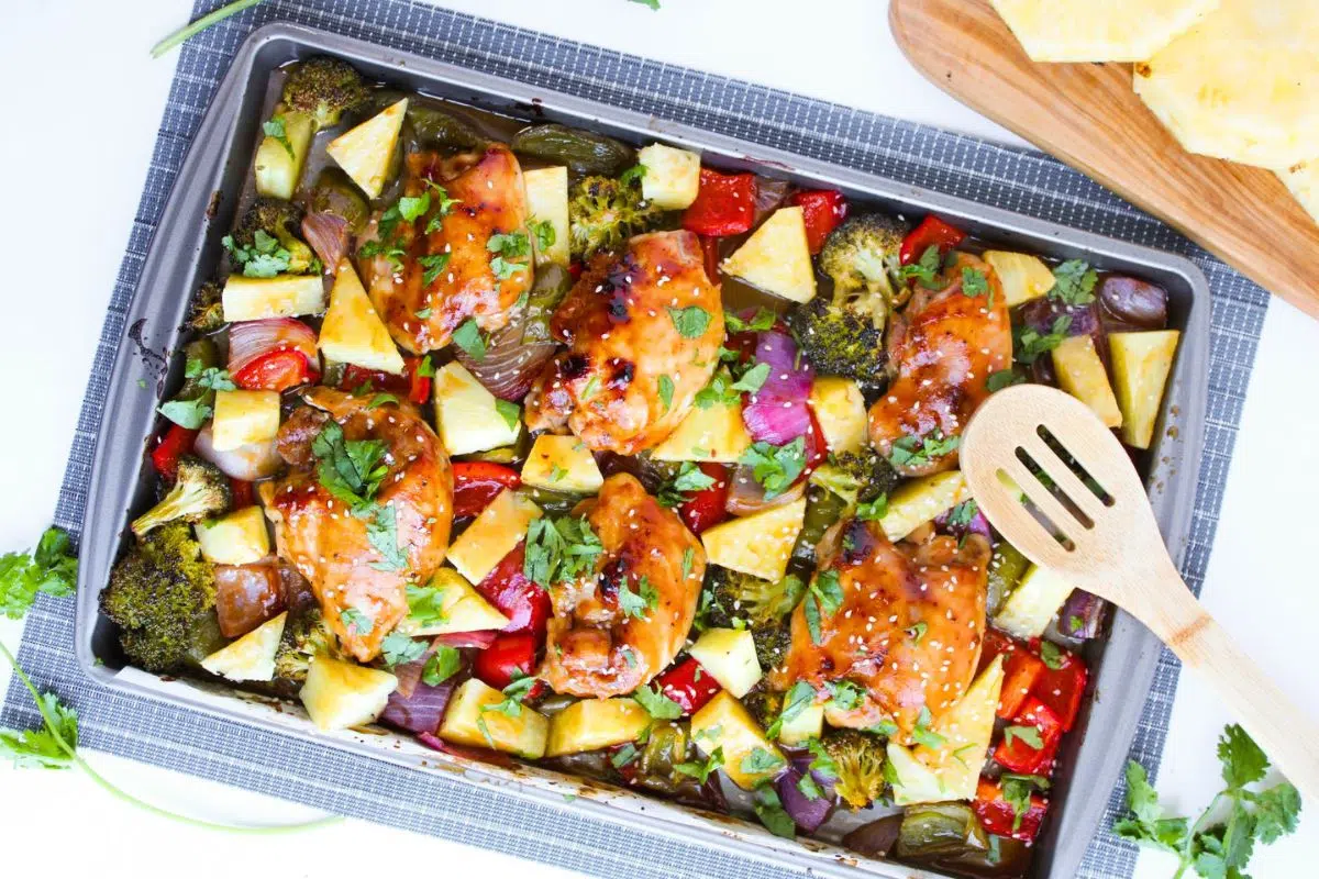 Sheet Pan Hawaiian Chicken Thighs overhead view.