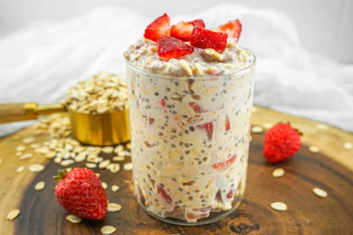 Strawberry Overnight Oats in a glass.