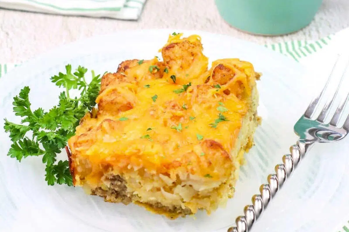 Breakfast Tater Tot Casserole served on a plate.