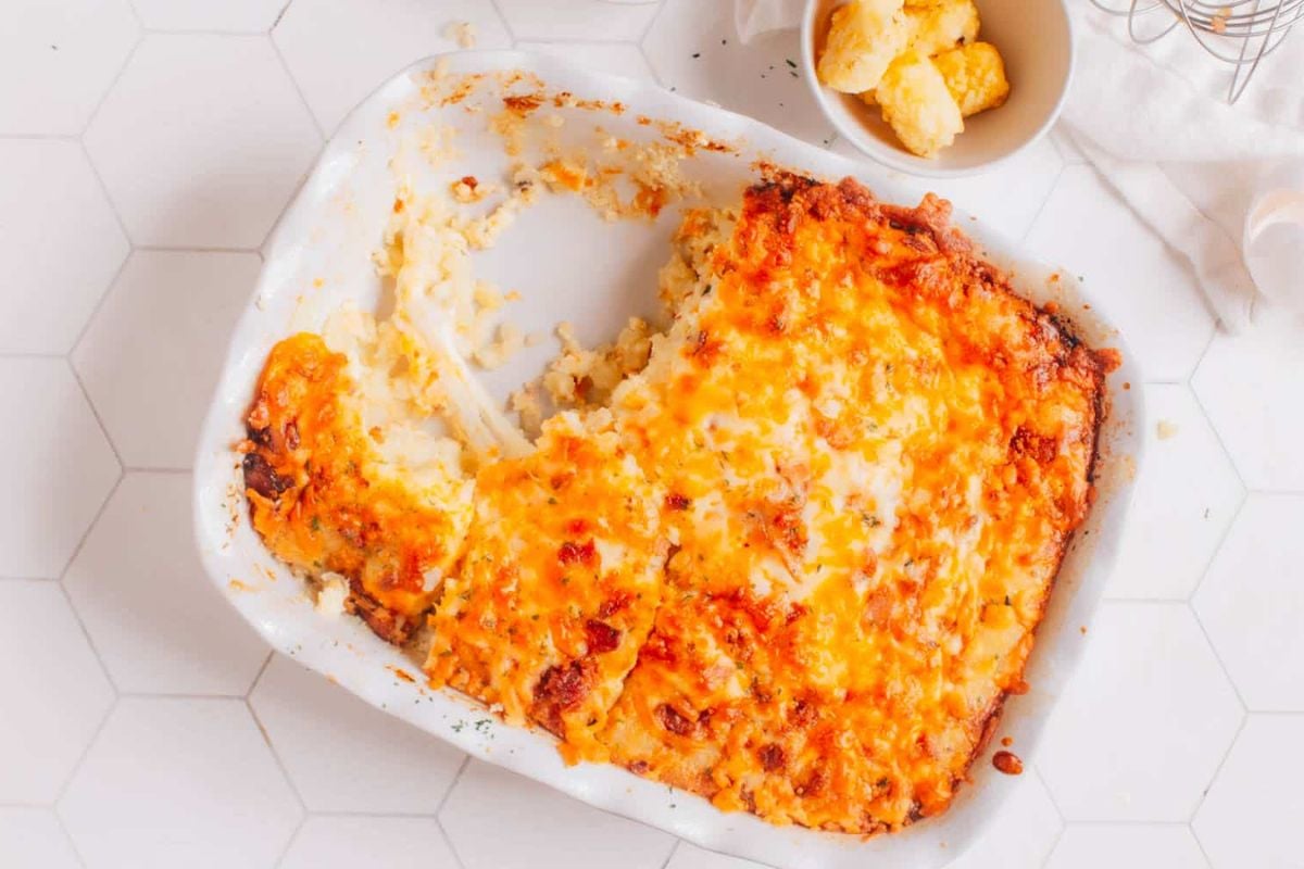 Tater Tot Breakfast Casserole overhead view.