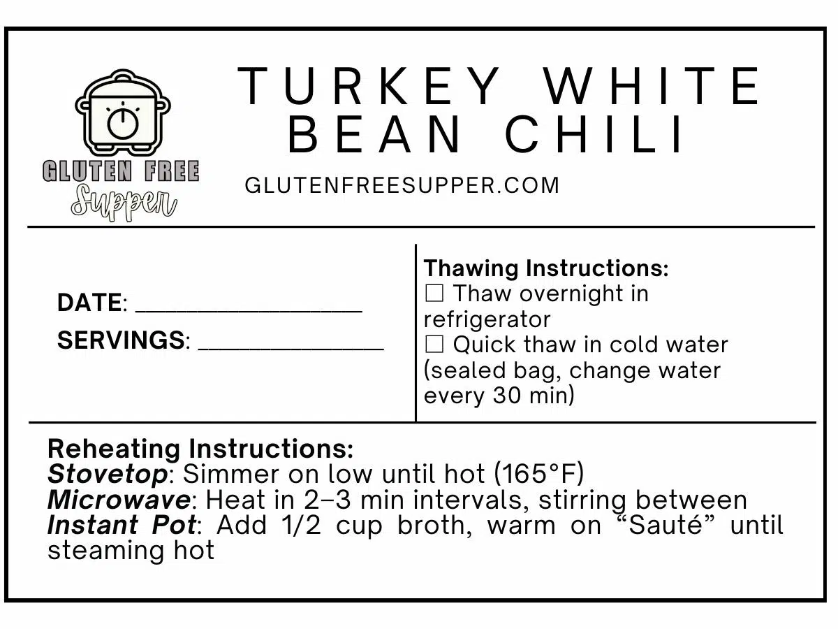 A black and white freezer bag label for turkey white bean chili.