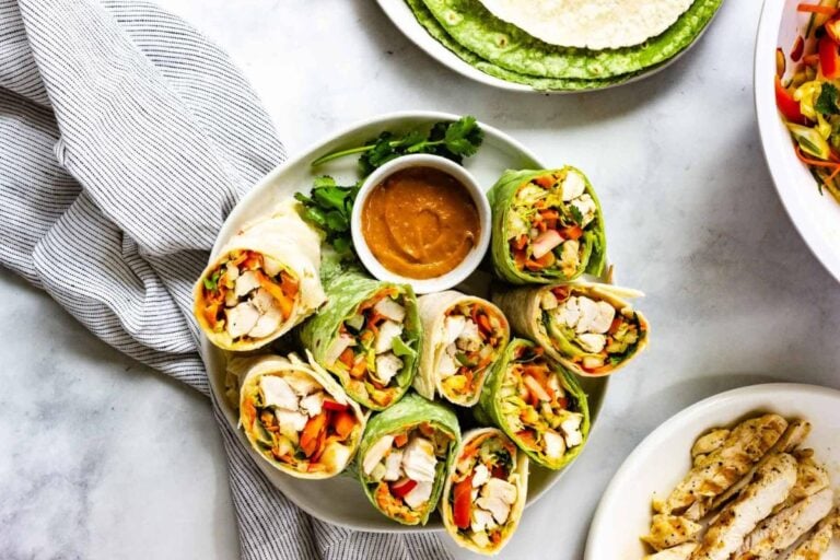 Thai Chicken Wraps with Peanut Sauce overhead view.