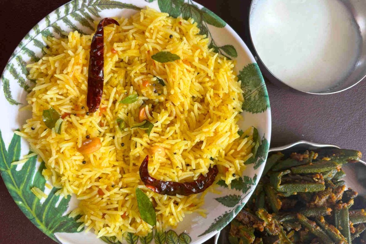 Indian Mango Rice served on a plate.