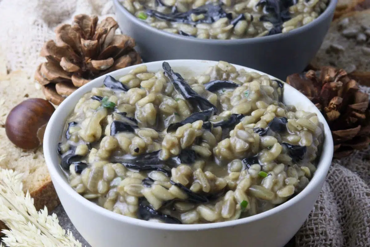 Black Trumpet Risotto served in a bowl.