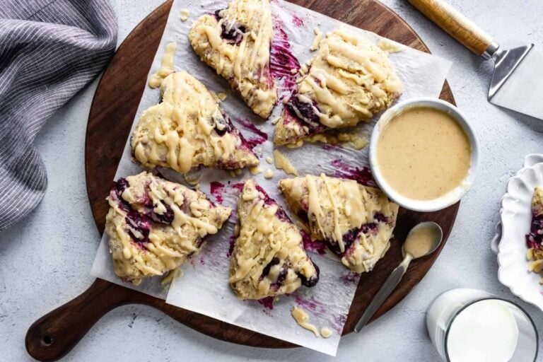 Blackberry Scones with Maple Vanilla Glaze overhead view.