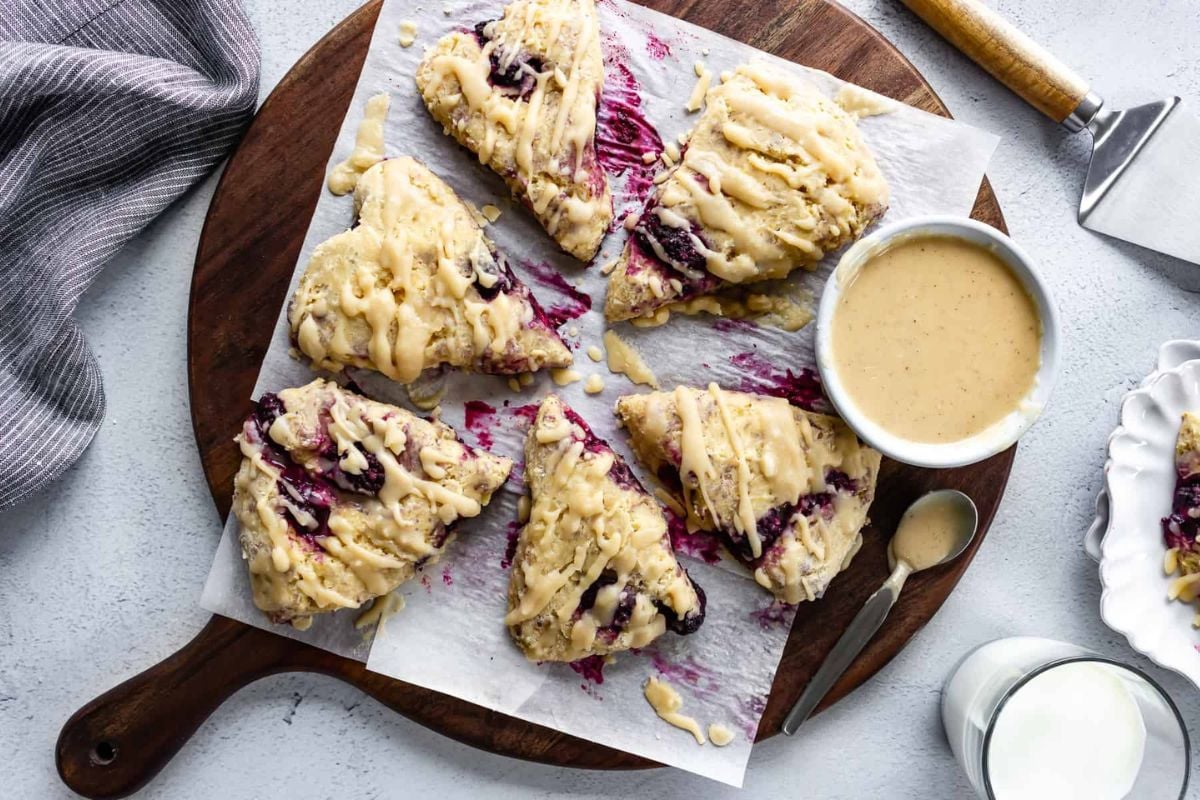 Blackberry Scones with Maple Vanilla Glaze overhead view.