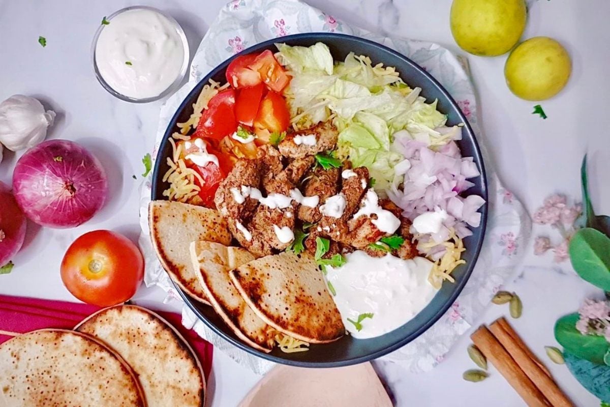 Shawarma with Rice and White Sauce overhead view.