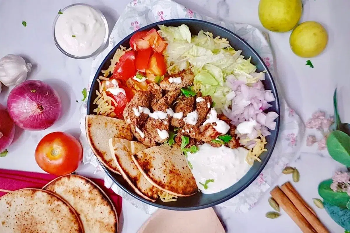 Shawarma with Rice and White Sauce overhead view.