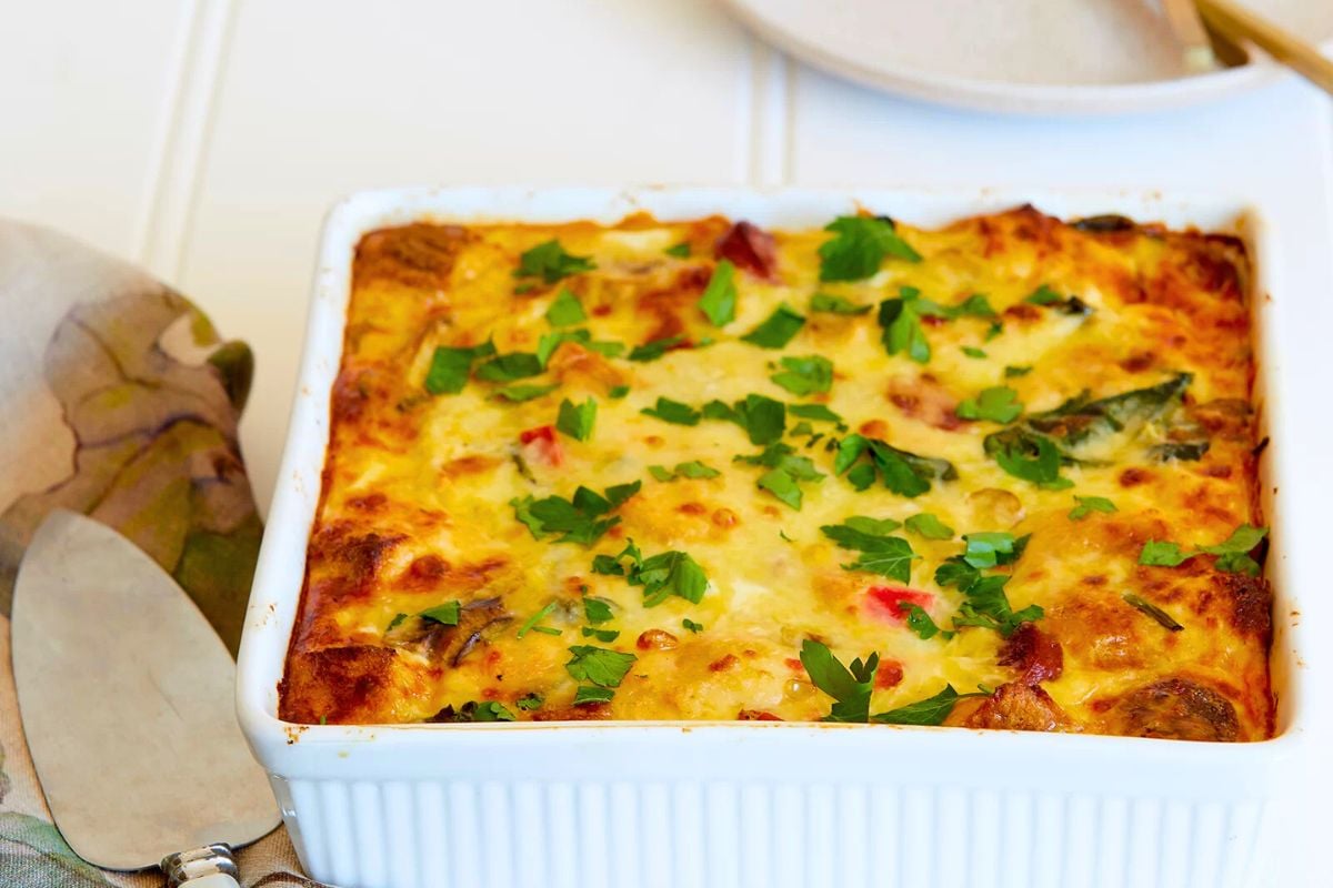 Breakfast Strata in a baking dish.