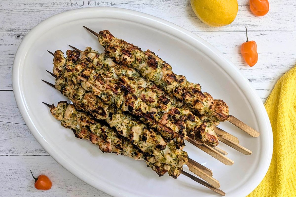 Grilled Habanero Marinated Chicken Skewers served on a plate.