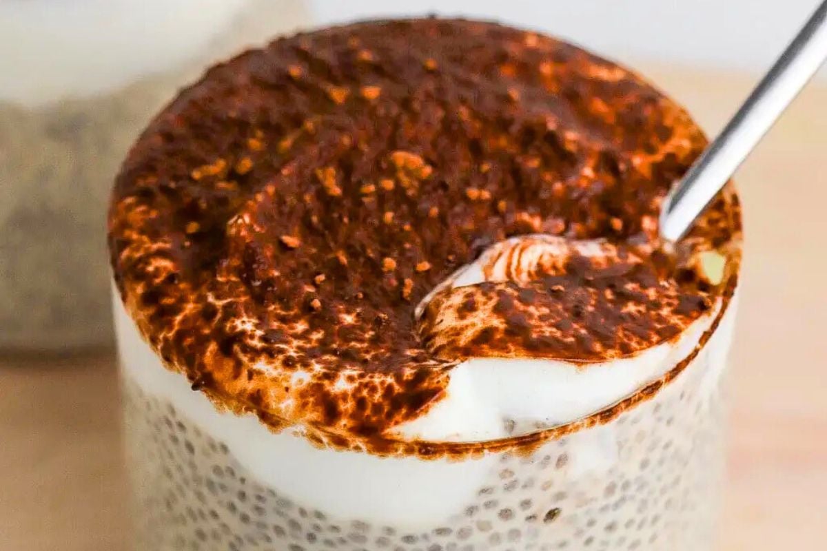 Tiramisu Chia Pudding close up look.