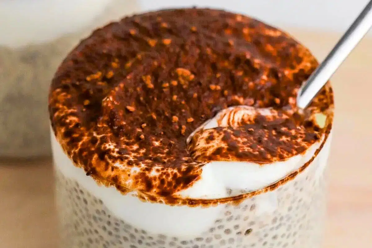 Tiramisu Chia Pudding close up look.