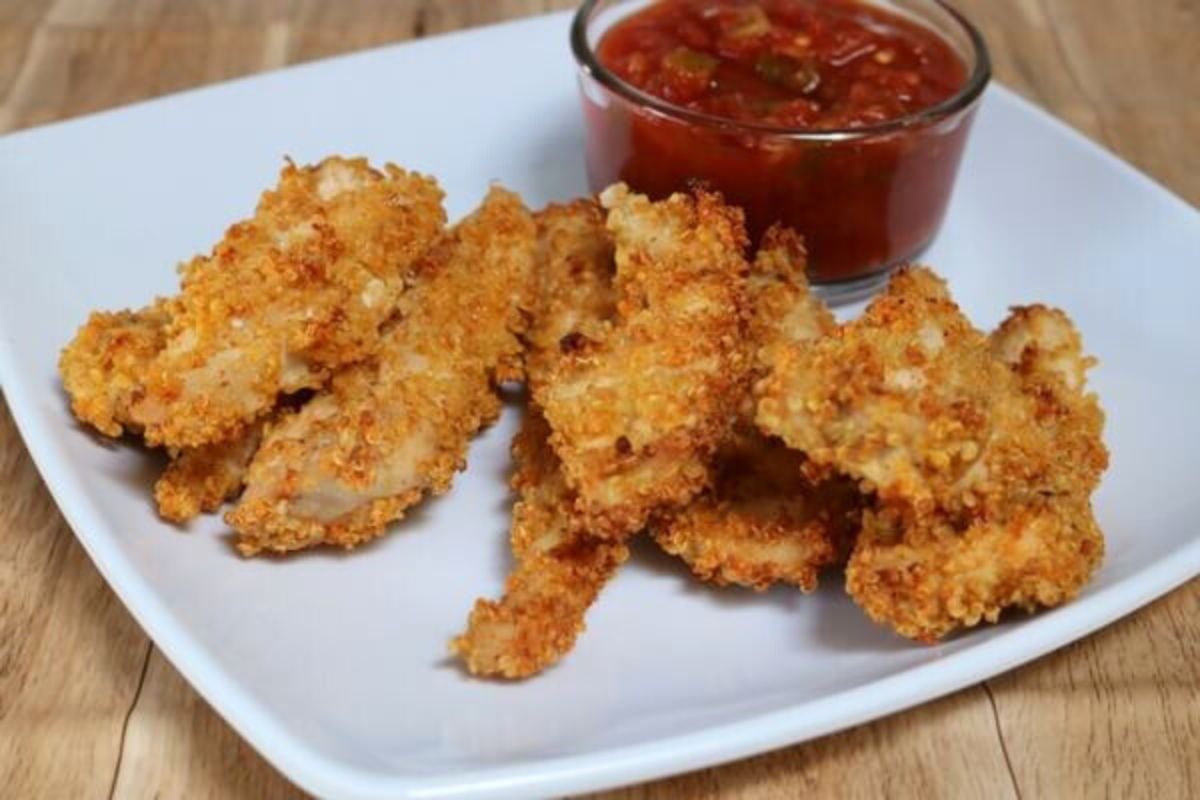Baked Quinoa Crusted Chicken Fingers with dipping sauce.