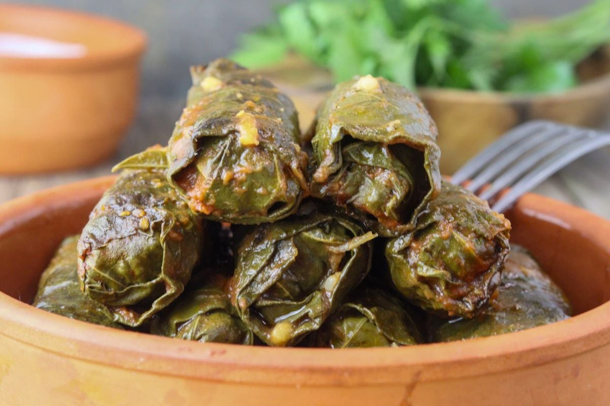 Baked Stuffed Grape Leaves close up look.