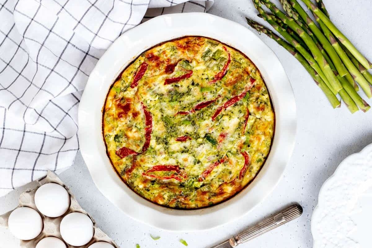Crustless Asparagus Quiche with Feta overhead view.
