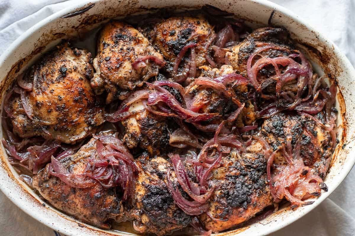 Palestinian Sumac Chicken in a baking dish.