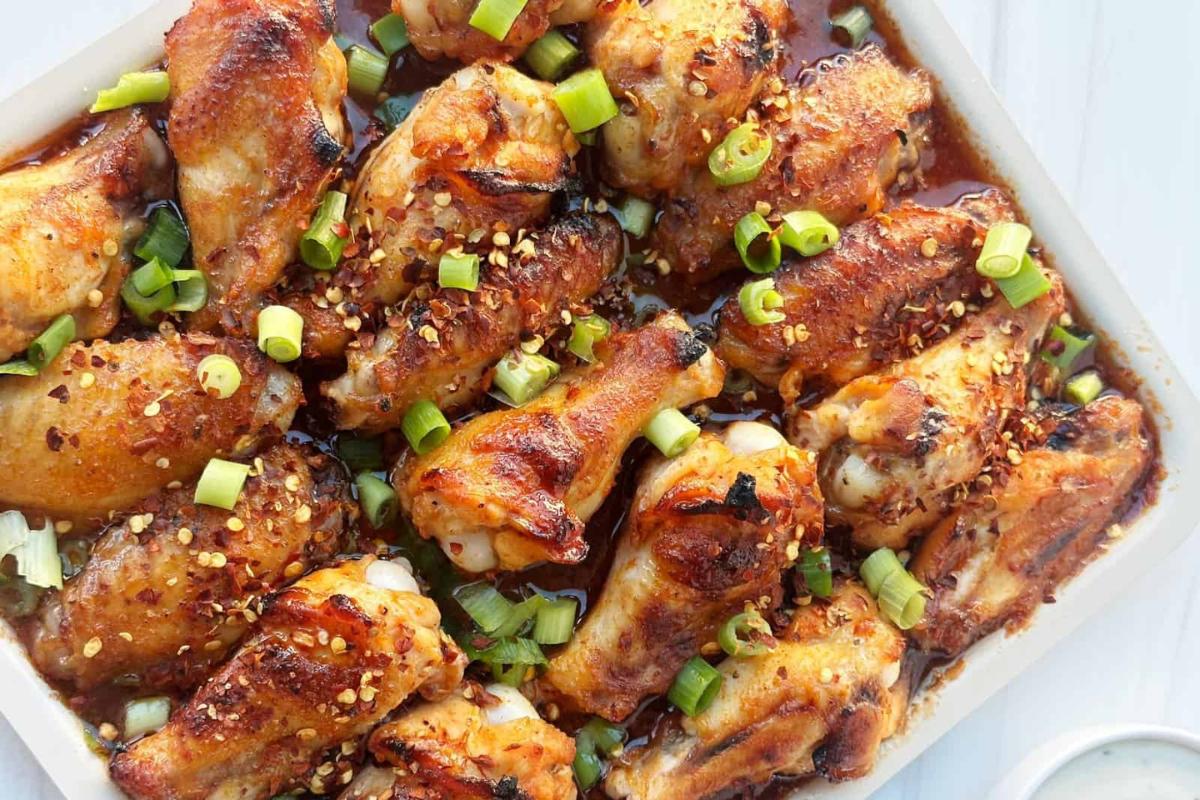 Peach hot honey chicken wings.