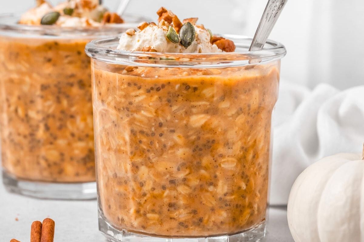 Chocolate Peanut Butter Overnight Oats in a glass.