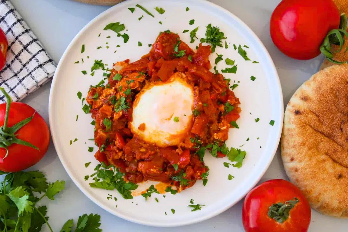 Shakshuka served on a plate.