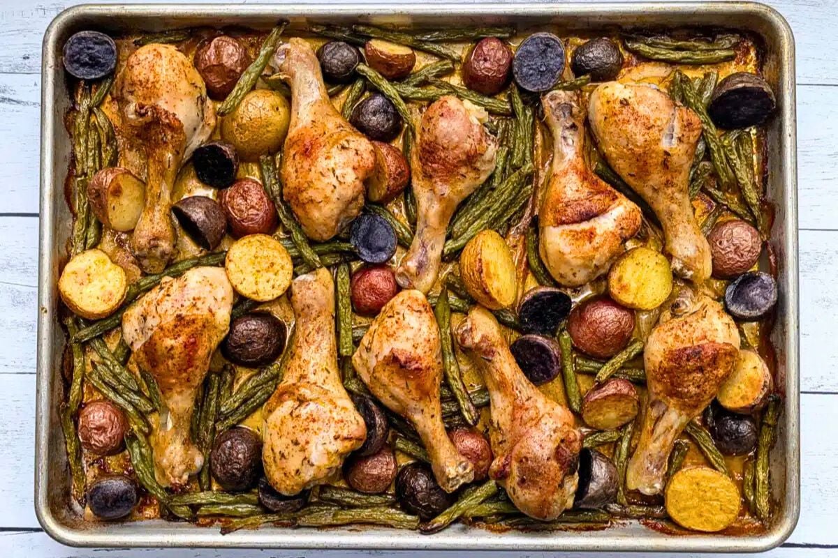 Sheet Pan Chicken Drumsticks, Potatoes and Green Beans overhead view.