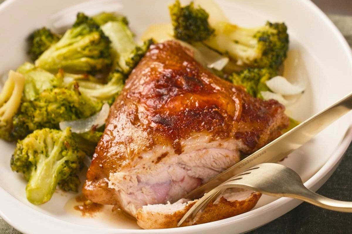 Sheet Pan Chicken Thighs With Broccoli on a plate.