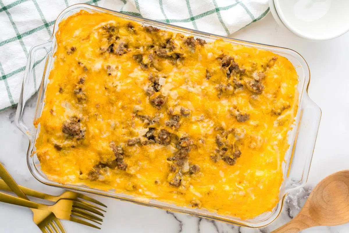 Tater Tot Breakfast Casserole in a baking dish.