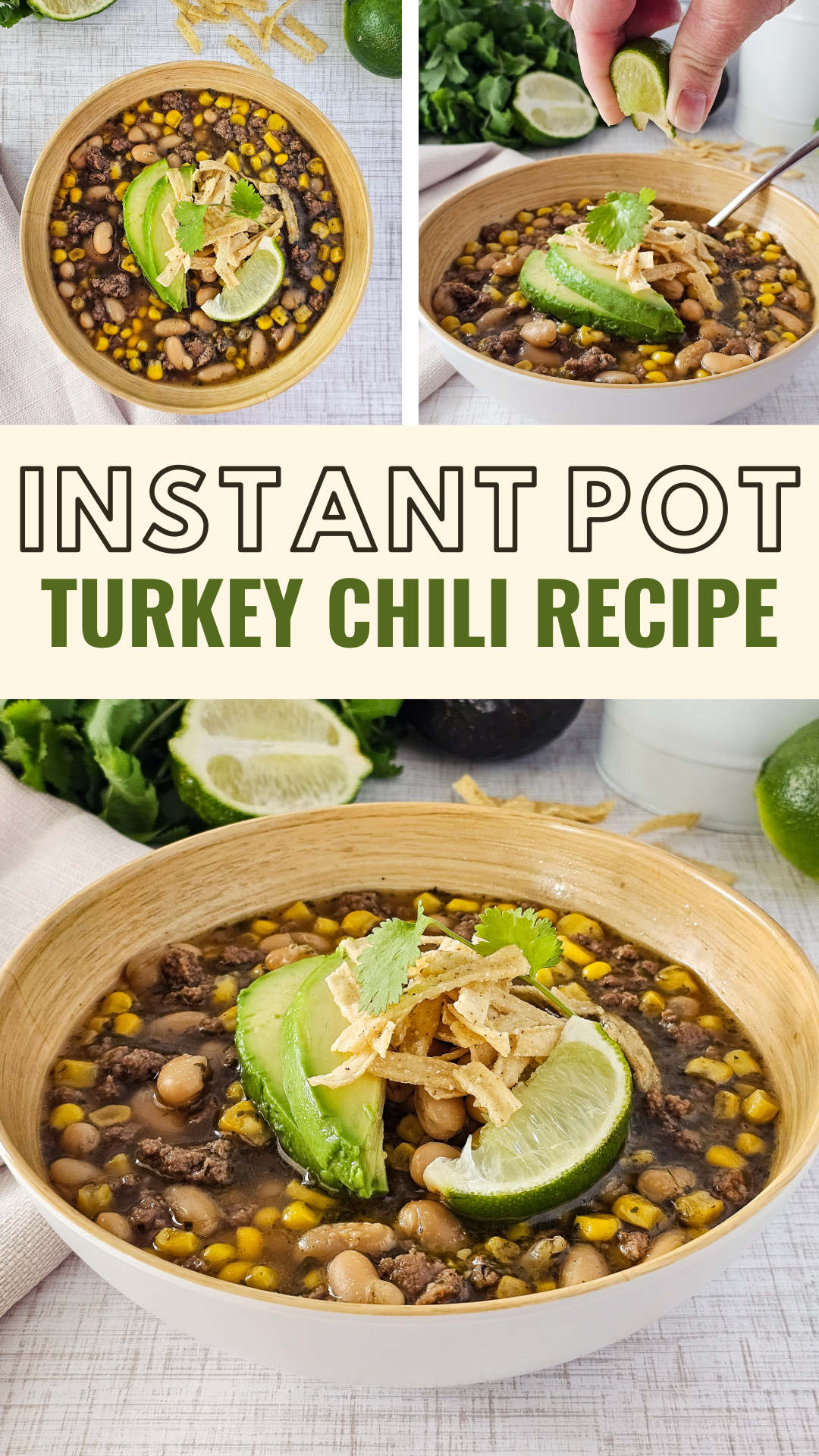 Two photos of a turkey chili recipe on a promotional Pinterest graphic.