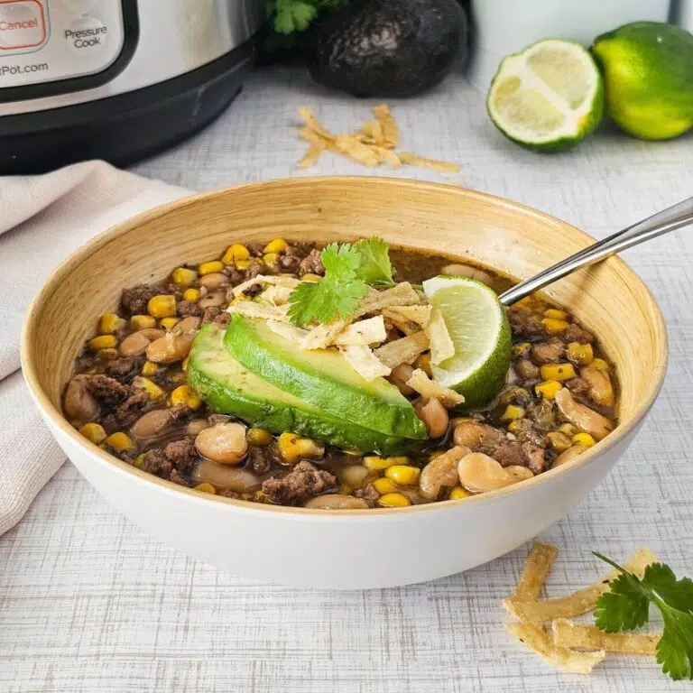 A bowl of turkey white bean chili.