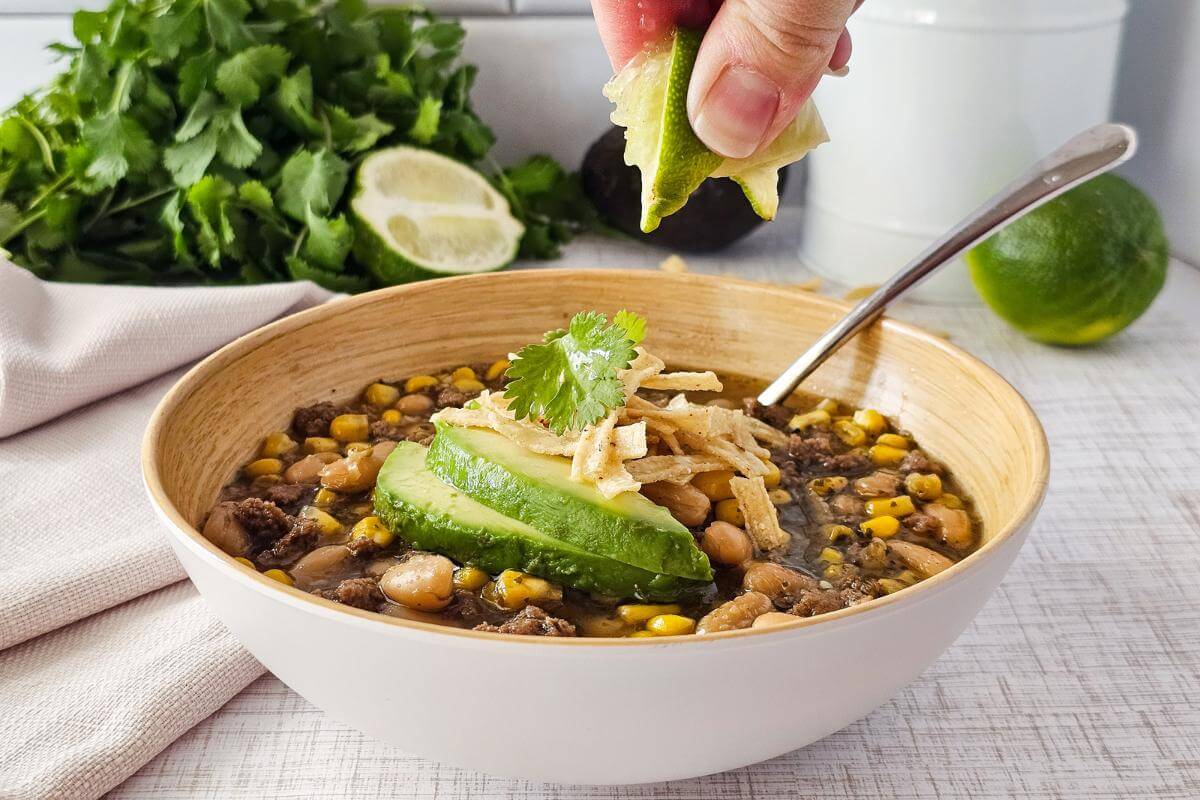 A bowl of turkey white bean chili.