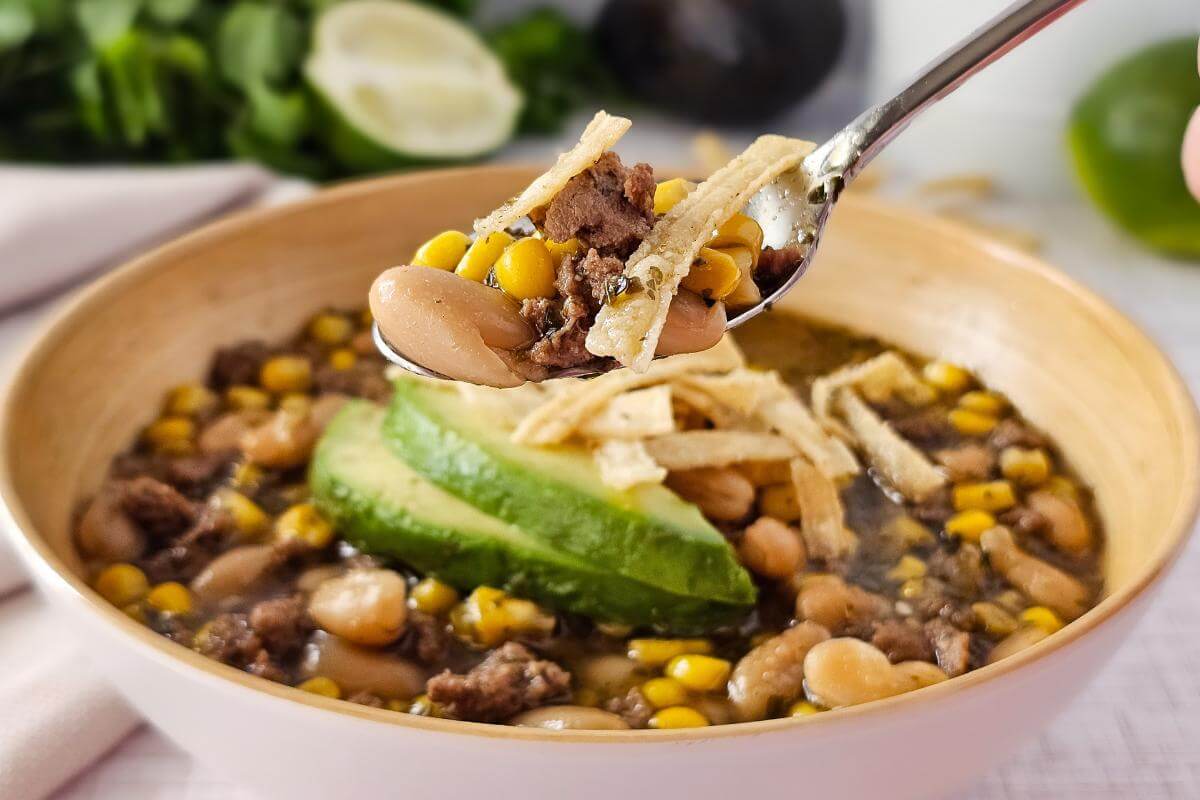 A bowl of turkey white bean chili.