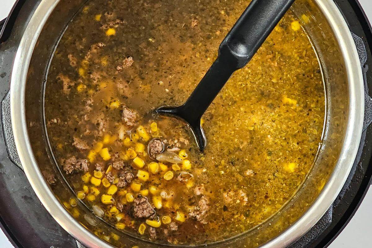 Cooked turkey white bean chili in a pot.