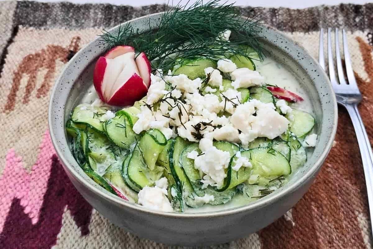 Creamy Cucumber Salad in a bowl.