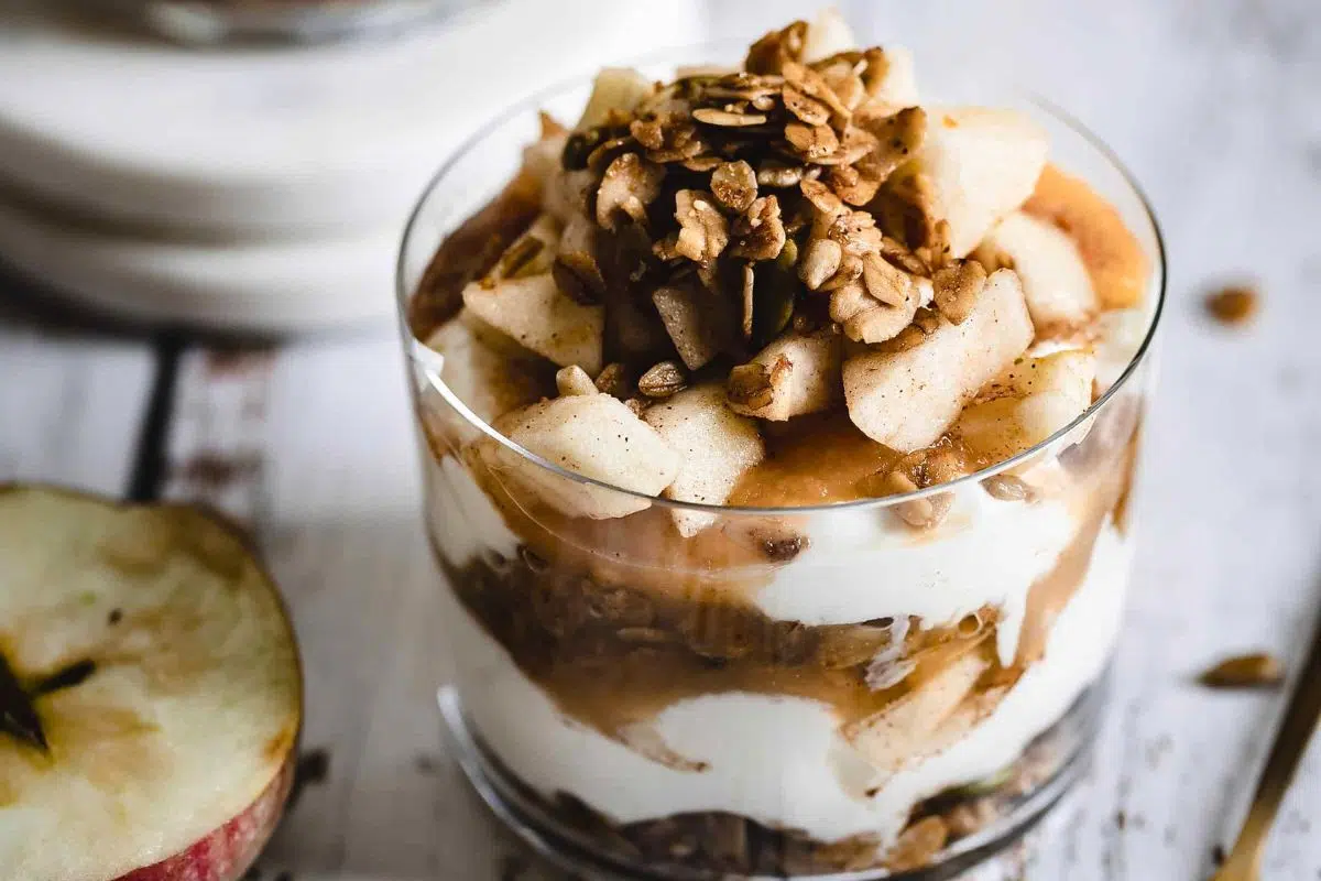 Cinnamon Apple Yogurt Parfait close up look.