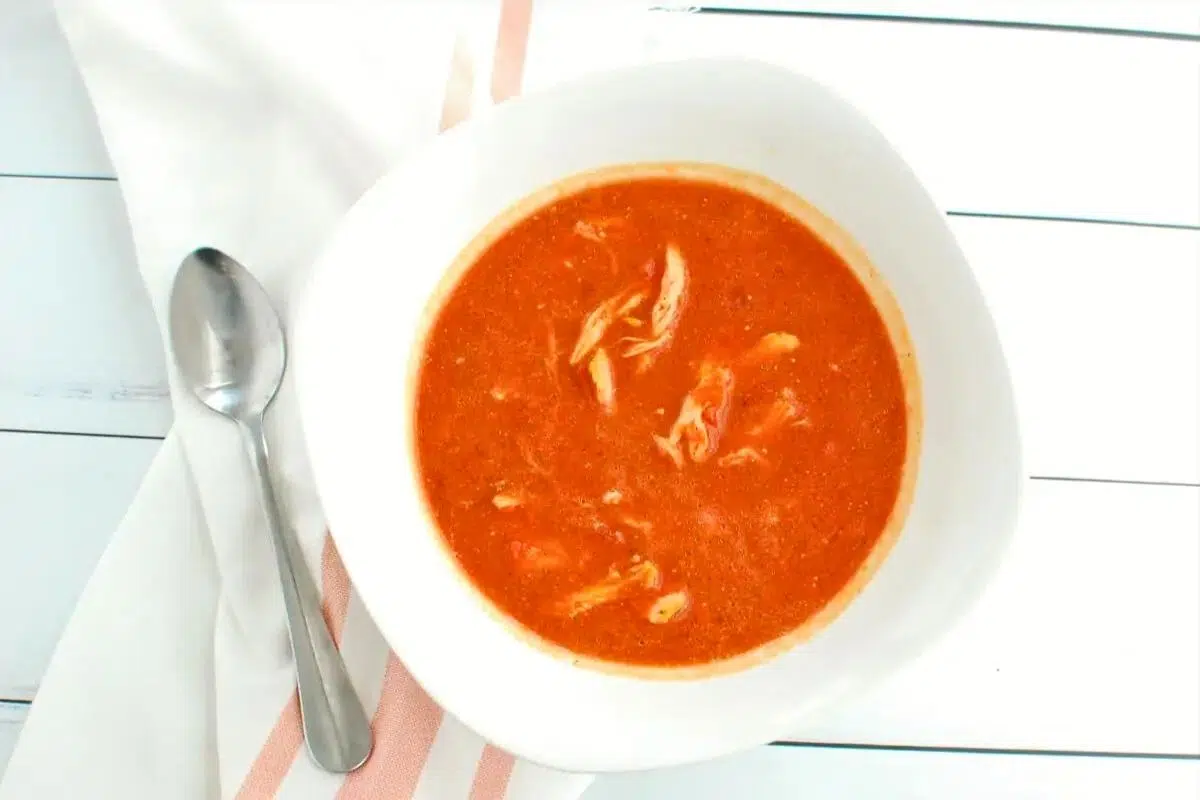 Slow Cooker Butternut Squash and Beet Soup with Chicken in a bowl.